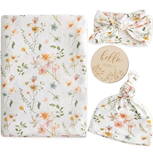 LifeTree Conjunto de cueiro para recém-nascido com chapéu e laço combinando, cartão de anúncio de nascimento de madeira, cobertor floral para bebês recém-nascidos recebendo cobertores, berçário