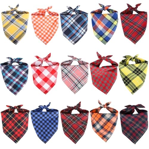 Segarty Pacote com 15 bandanas triangulares xadrez para cães, 58 x 39,9 cm, lenço lavável para animais de estimação, acessórios a granel para cães pequenos, médios e gatos, filhotes grandes, lenço de