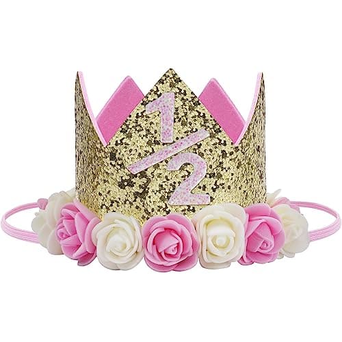 Baby Princess Tiara Crown, Baby Girls/Kids First Birthday Hat Sparkle Gold Flower Style with Artificial Rose Flower (1/2st Birthday Crown)