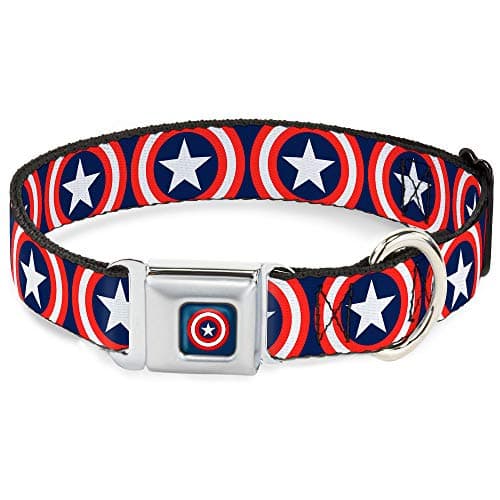 Buckle-Down Coleira para cães com fivela de cinto de segurança – Captain America Shield Repeat Navy – 2,5 cm de largura – serve para pescoço de 38 a 66 cm – Grande