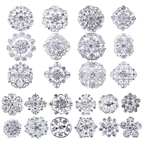 MEEJOA Feminino Broches e Alfinetes Para, Lote 24 Peças Cor Prata Transparente Strass Cristal Flor Broche Pino Diy Buquê de Casamento Conjunto de Broches