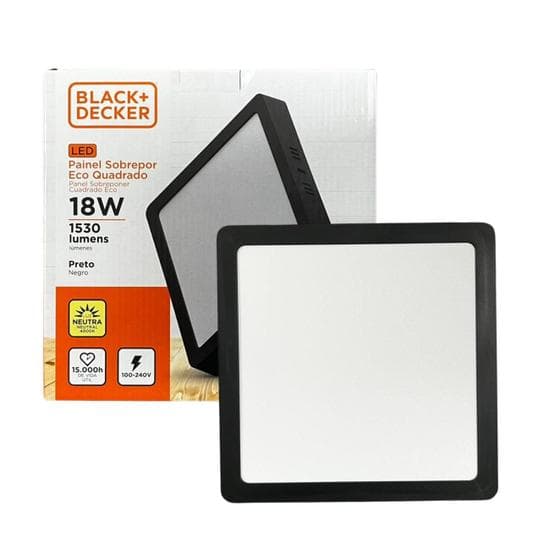 9 Plafon Quadrado Preto Sobrepor 18w Branco Neutro 4000K