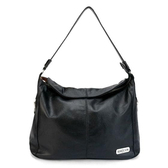 Bolsa Feminina Couro Legitimo Sacola Hobo Média Preta Metais Pratas Road Seven