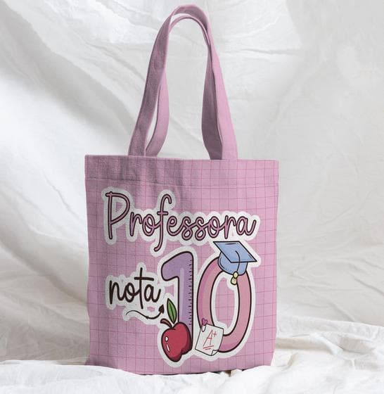 Bolsa Sacola Artesanal de Tecido Professora Nota 10 Linhas e Fundo Rosa