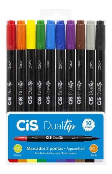 Caneta Marcador Dual Tip 2 Pontas 0.4mm e Brush CIS 10 cores