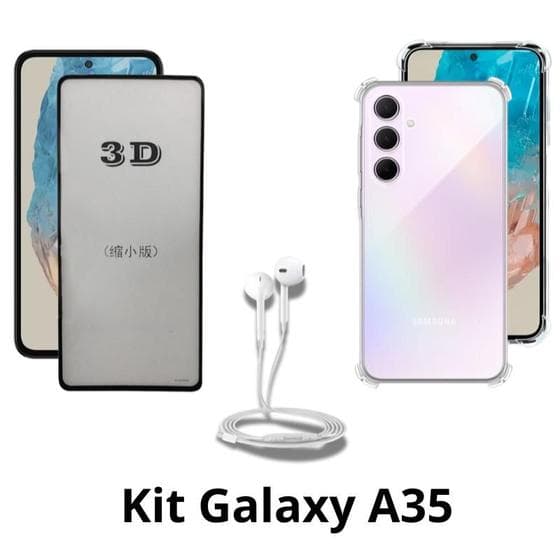 Capa Transparente + Película de Vidro 3D + Fone de Ouvido para Samsung Galaxy A35