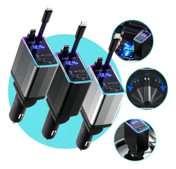 Carregador Veicular Retrátil Turbo 120W com Display LED Carregue até 4 Dispositivos ao Mesmo Tempo