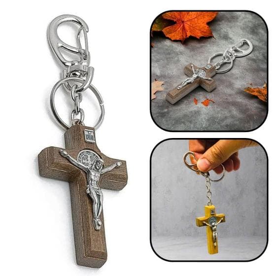 Chaveiro Crucifixo Medalha De São Bento Prata Velha