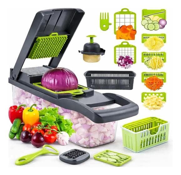 Cortador Fatiador Ralador Desfiador 14 Peças Multifuncional Manual para Legumes, Frutas, Alho, Cebola, Batata e Alimentos