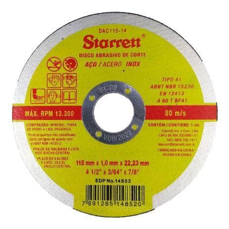 Disco abrasivo de corte metal e inox 4.1/2" starrett