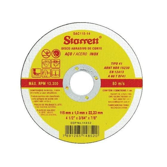 Disco de Corte Fino 4.1/2 Pol 115x1x22mm Starrett DAC115-14