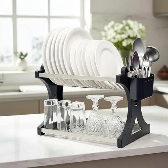Escorredor de Louça 16 Pratos Preto em aço Inox Alto com Porta Talher Cozinha Organizador Pia