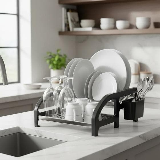 Escorredor de Louça 16 Pratos Preto em aço Inox Cama com Porta Talher Organiador Pia
