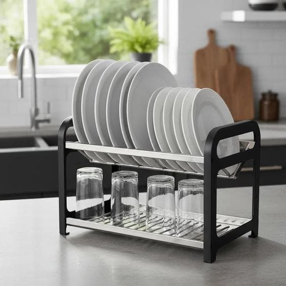 Escorredor de Louça 16 Pratos Preto em aço Inox com Porta Talher Cozinha Organizador Pia