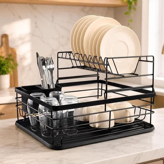 Escorredor de Louça BSMIX Preto Fosco 2 Andares 9 Pratos Porta Talheres Bandeja Coletora