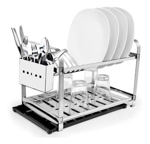 Escorredor Inox 16 Pratos Porta Talher Inox Bandeja Coletora Preta