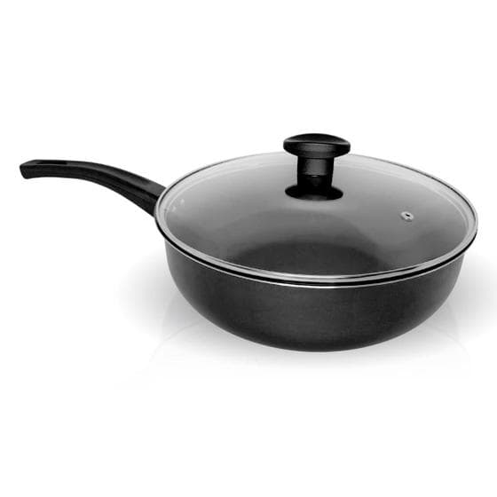 Frigideira Antiaderente Wok Reforçada Tampa de Vidro 26 Cm preto com preto