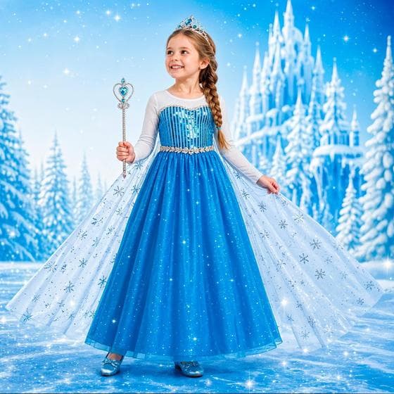 Frozen Fantasia Infantil de Luxo e Completa Vestido Longo Princesa Elsa Com Capa Coroa e Trança