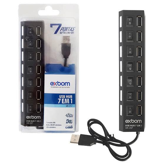 Hub USB 7 Portas 2.0 Exbom UH-2S7 com Botões ON/OFF e LEDs Indicadores Individuais