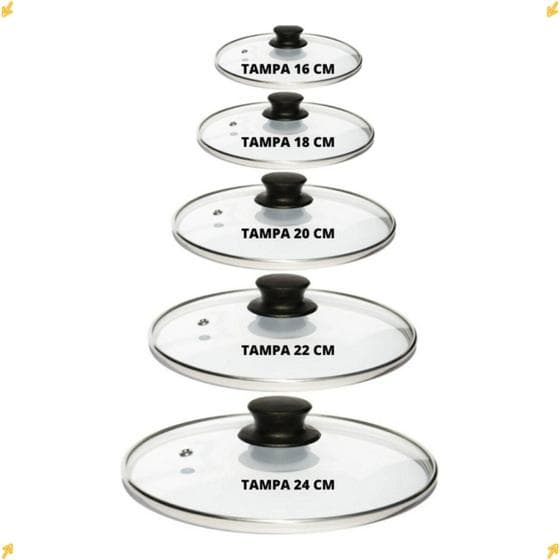 Jogo De 5 Tampa Vidro Temperado Para Frigideira Caçarola e Kit de Panela16 20 22 24 Cm - RL