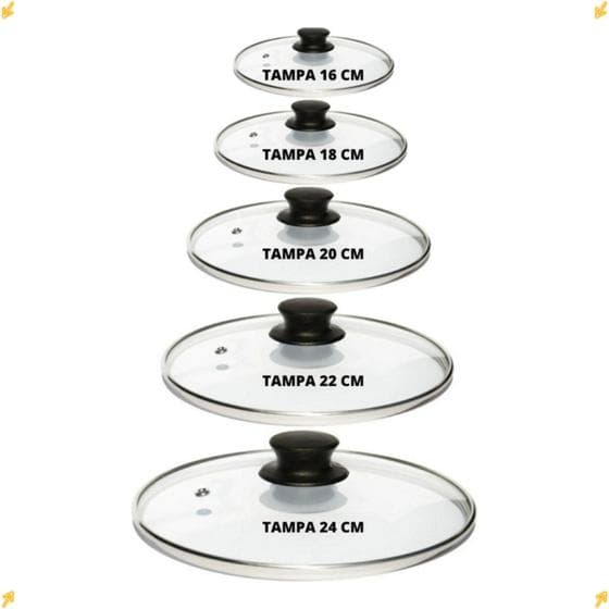 Jogo De 5 Tampa Vidro Temperado Para Frigideira Caçarola e Kit de Panela16 20 22 24 Cm