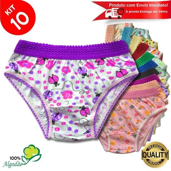 Kit 10 Calcinhas Infantil Algodão Estampada Cós Elástico Menina