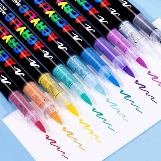Kit 12 Canetas Brush Pen Pincel Acrílica Marcador Permanente Colorida Lettering Ponta Flexível