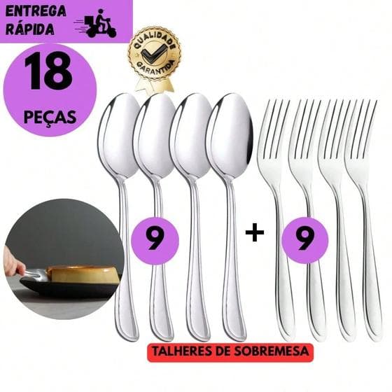 Kit 18 Jogo Talheres de Sobremesa Inox Garfo + Colher Alta Durabilidade Para Bolos Tortas Sorvete