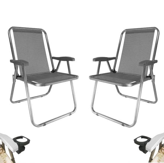 Kit 2 Cadeira Max Alumínio Praia Piscina Até 140Kg 2 Porta Copos Térmico Lata Isopor Dobrável - Zaka