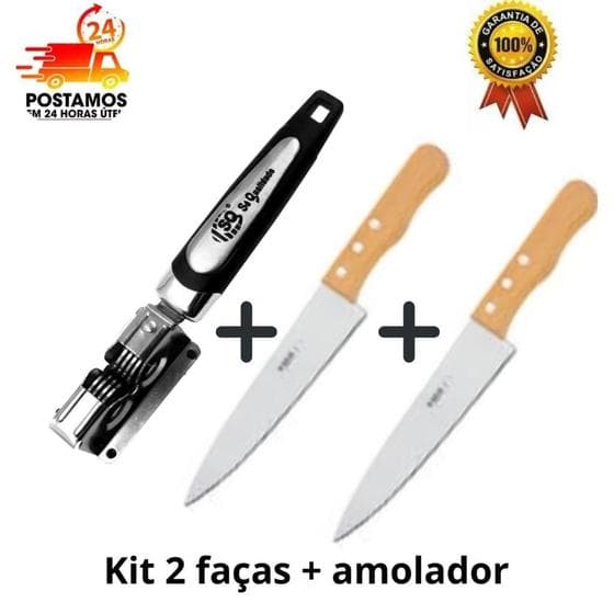 kit 2 facas de cozinha 5 aço inox mais amolador profissional