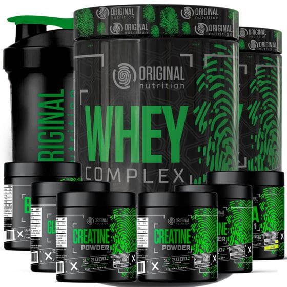 Kit 2x Suplemento em pó Whey Protein Complex + 2x Bcaa + 2x Glutamina + 2x Creatina + Coqueteira - Original Nutrition - Combo Hipertrofia