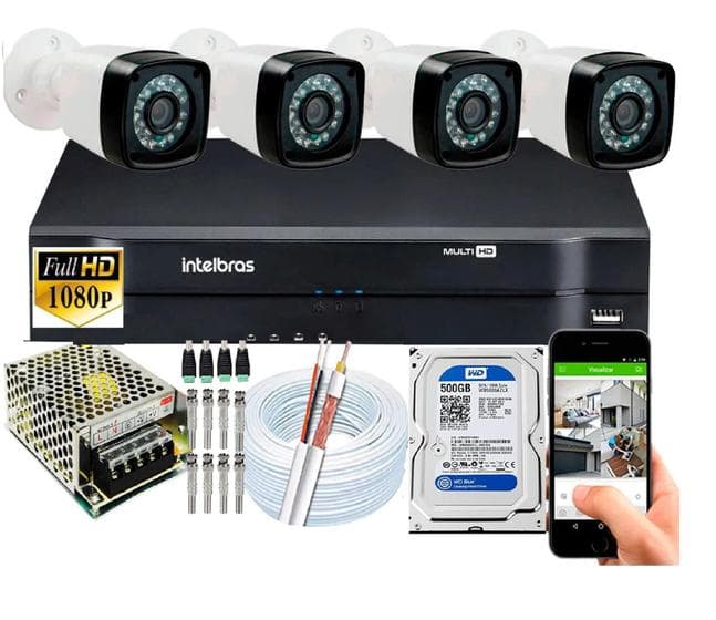 Kit 4 Cameras Segurança 1080p Full Hd -2MP+Dvr Intelbras 4ch C/hd 500Gb