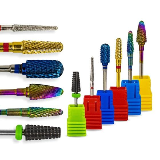 Kit 6 Brocas Tungstênio Umbrella M-Colorful, Bullet XF, Flame F-720, Umbrella TLR, Large Barrel Ball M-Blue, Flame F, Umbrella F-Gold, Lixadeira Unhas
