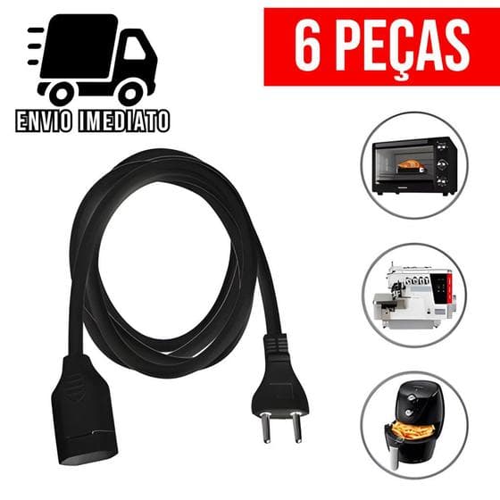 Kit 6 Extensão Elétrica Prolongador Extensor de Cabo 2 Metros Bivolt 110v e 220v
