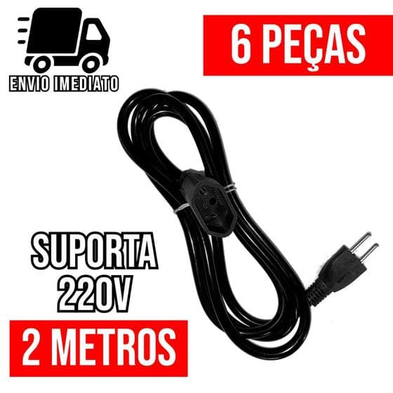 Kit 6 Extensão Elétrica Prolongador Preto Extensor de Cabo 2 Metros Bivolt 110v e 220v