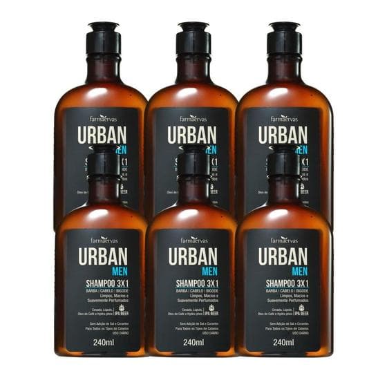 Kit 6 Shampoo 3 em 1 Barba Cabelo Bigode Masculino 240ml Urban Men Farmaervas