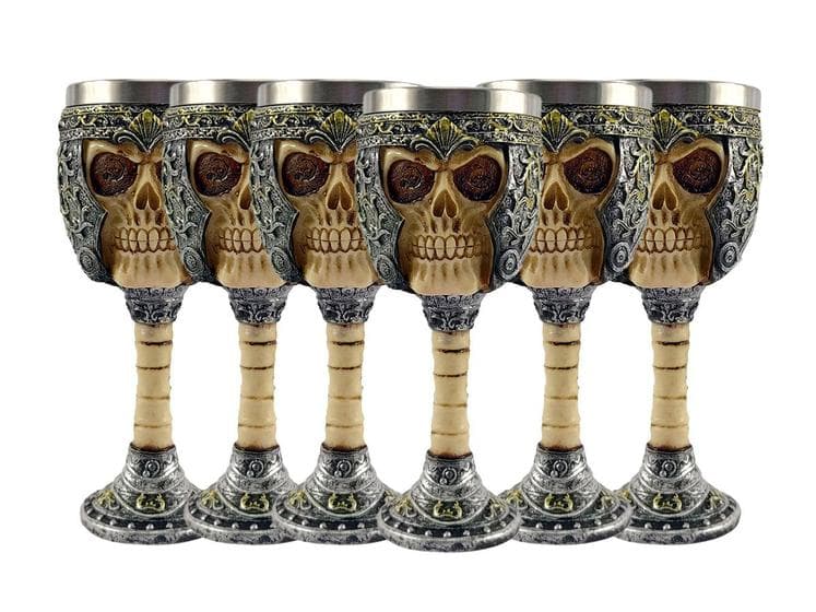 Kit 6 Taças Cálice Em Aço Inox e Resina Crânio Medieval Caveira Guerreiro Osso Colecionável Coquetel Cerveja