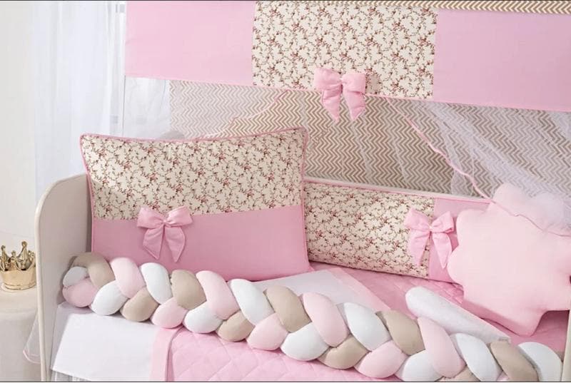 kit berço 11 peças menina trançado com saia box rosa