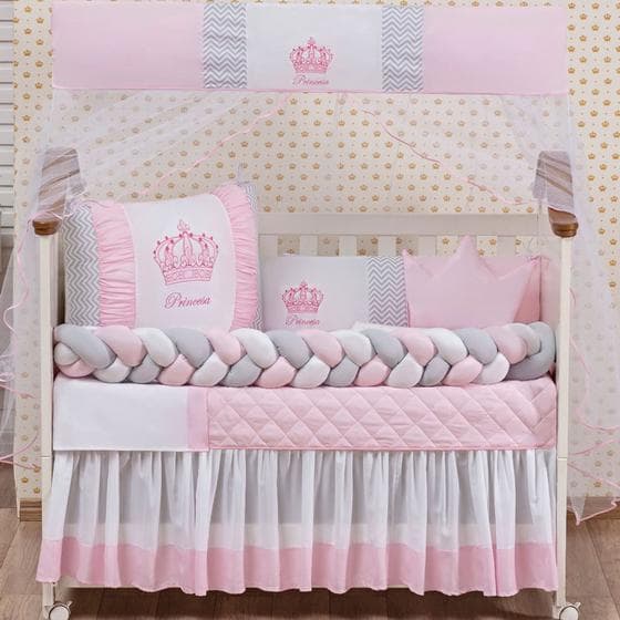 Kit Berço Americano Coroa Princesa Rosa Menina 12 peças com Saia berço