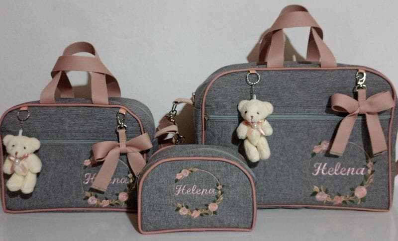 Kit bolsas de maternidade personalizadas linho cinza com Rosê
