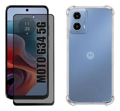 Kit Capinha Transparente Anti Impacto + Película 3D de Vidro Privacidade para Moto G34 5G Anti Espião