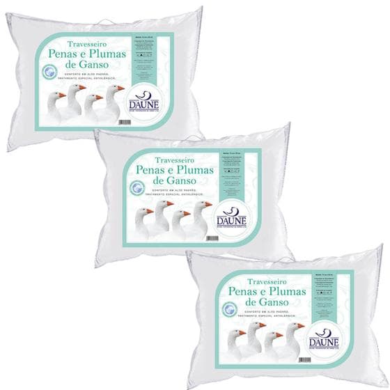 Kit de 3 Travesseiros Penas e Plumas Naturais - Capa Algodão