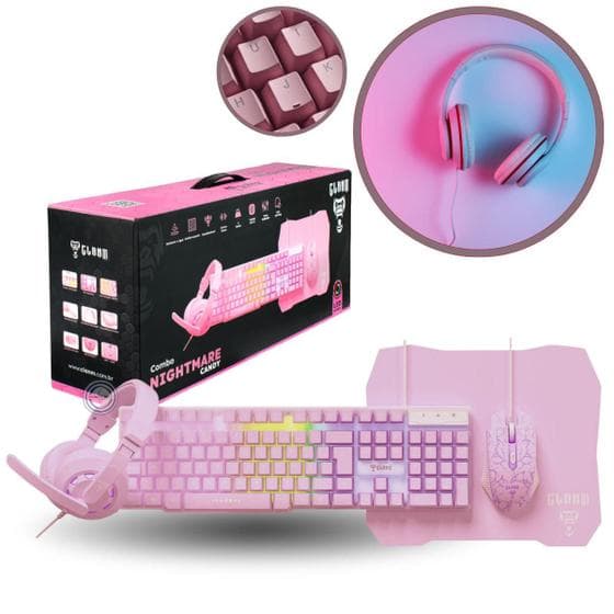 Kit Gamer Nightmare Candy Clanm Rosa Mouse Fone Teclado Mousepad