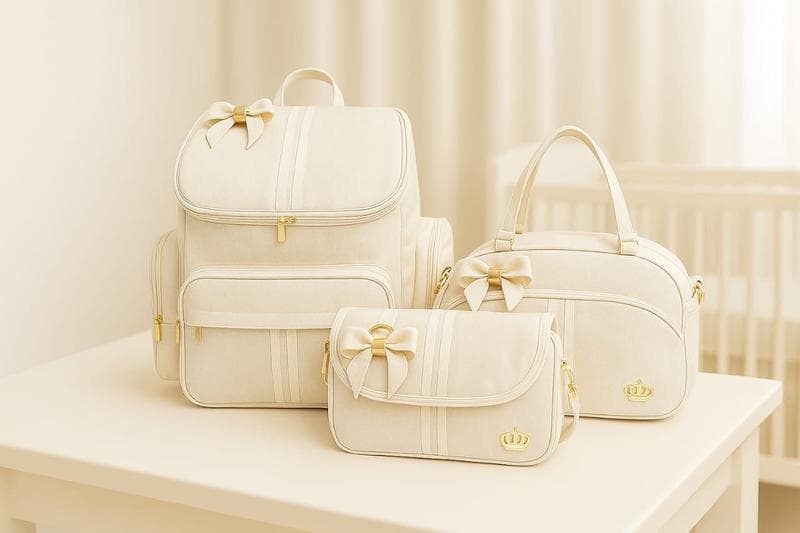 kit Maternidade Bebe Bolsa Marfin Mochila Luxo Laço 3 bolsas Bege