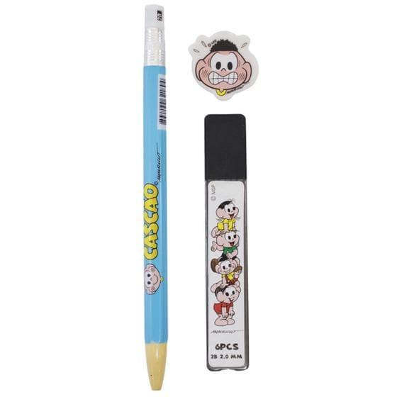 Kit Turma da Mônica Cascão Lapiseira 2mm Borracha Grafite