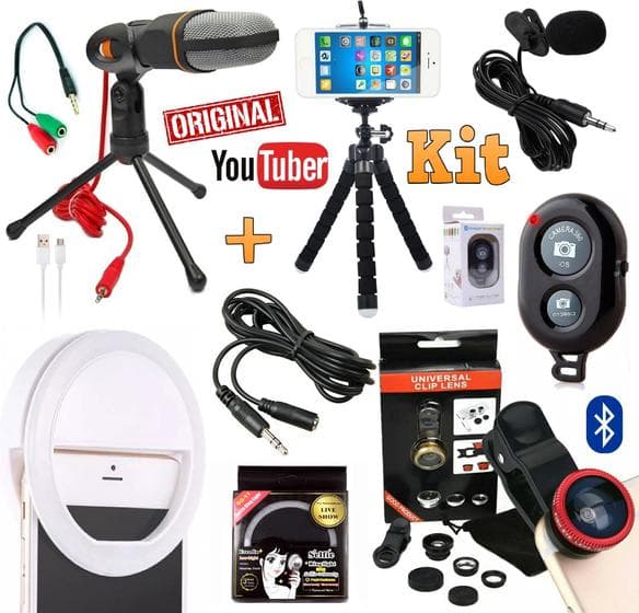 Kit Youtuber Lapela Microfone Condensador Mesa Profissional Pc Câmera Celular Universal + Tripé Luz Flash