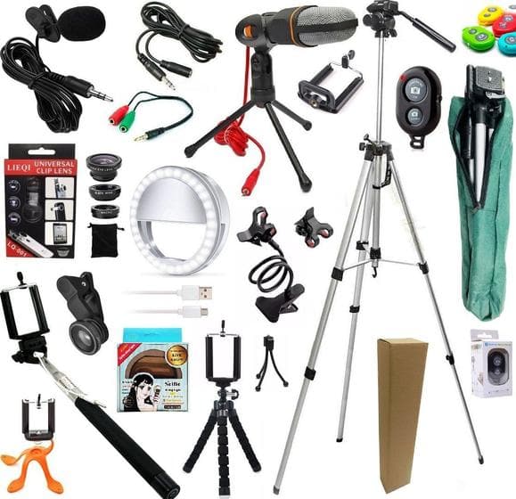 Kit Youtuber Profissional Completo 16x1 Tripé 1,30m Câmera Celular + Lapela Microfone Mesa + Luz Led Ring Light + Lentes