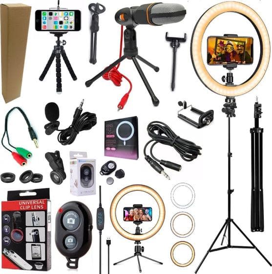 Kit Youtuber Profissional Microfone Condensador Mesa Lapela Tripé Pedestal Iluminador Luz Led Ring Light Suporte Celular