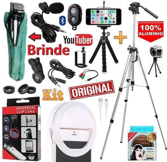 Kit Youtuber Profissional Tripé 1,30m + Microfone Lapela Celular Universal Luz Led Mini Ring Light Lente Olho Peixe