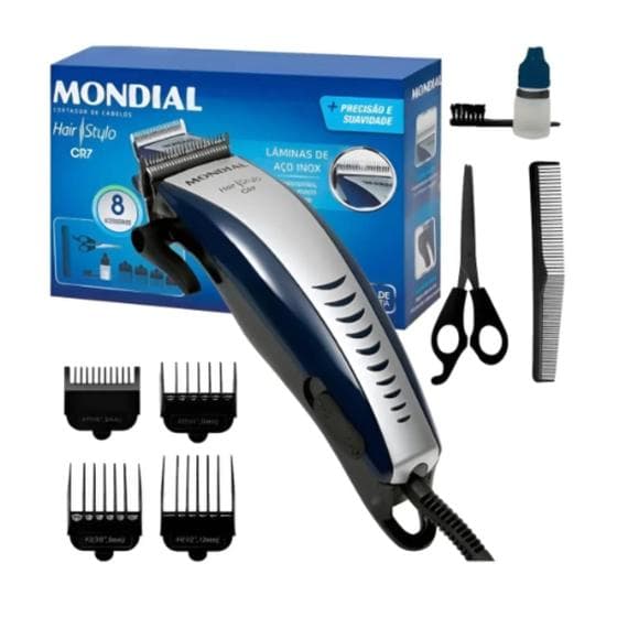 Máquina de Corte Mondial CR07 Profissional Com Fio Lâminas em Aço Inox Alta Precisão para Cabelo Barba e Acabamentos 110V ou 220V